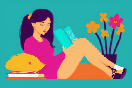 Generative AI art with A woman reading a book. A Woman's Journey Through the Pages. copyspace. Generative AIの素材