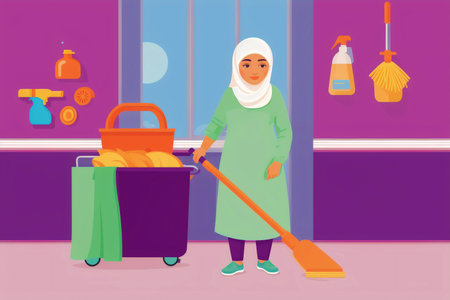 Generative AI art with A woman cleaning the room.A Woman's Pursuit of Cleanliness and Serenity. copyspace. Generative AIの素材
