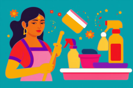 Generative AI art with A woman cleaning the room.A Woman's Pursuit of Cleanliness and Serenity. copyspace. Generative AIの素材