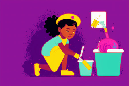Generative AI art with A woman cleaning the room.A Woman's Pursuit of Cleanliness and Serenity. copyspace. Generative AIの素材