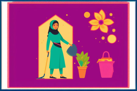 Generative AI art with A woman cleaning the room.A Woman's Pursuit of Cleanliness and Serenity. copyspace. Generative AIの素材