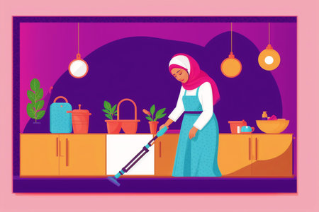 Generative AI art with A woman cleaning the room.A Woman's Pursuit of Cleanliness and Serenity. copyspace. Generative AIの素材