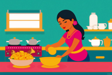 Generative AI art with A woman cooking dinner. Culinary Symphony. A Woman's Artistry in Cooking Dinner. copyspace. Generative AIの素材