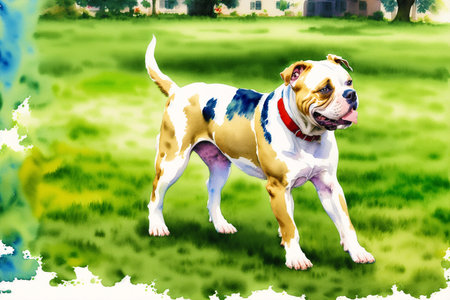 Generative AI art with Watercolor painting of the Loyal American Bulldog. A Powerful Guardian and Family Companion. Generative AIの素材