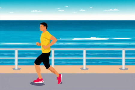 Generative AI art with Healthy lifestyle concept. Coastal Rhythms. Embracing Fitness and Serenity on the Beach. Generative AIの素材