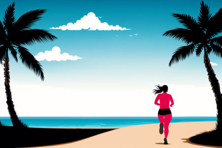 Generative AI art with Healthy lifestyle concept. Coastal Rhythms. Embracing Fitness and Serenity on the Beach. Generative AIの素材