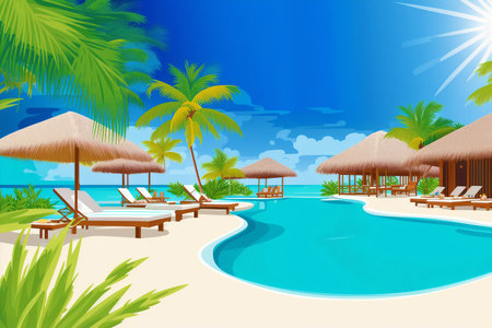 Generative AI art with Summer vacation concept. Seaside Oasis. Unwind and Indulge at the Beach Resort. Generative AIの素材