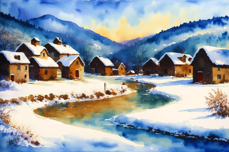 Generative AI art with A watercolor village. Tranquil Serenity. Watercolor Painting of a Rustic Village. Generative AIの素材