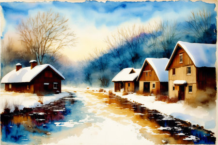 Generative AI art with A watercolor village. Tranquil Serenity. Watercolor Painting of a Rustic Village. Generative AIの素材