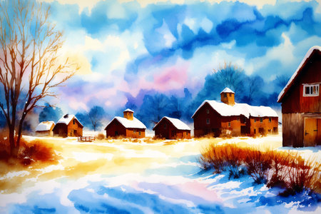 Generative AI art with A watercolor village. Tranquil Serenity. Watercolor Painting of a Rustic Village. Generative AIの素材