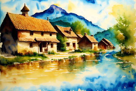 Generative AI art with A watercolor village. Tranquil Serenity. Watercolor Painting of a Rustic Village. Generative AIの素材