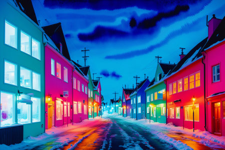 Generative AI art with A watercolor town. Nordic Serenity, Watercolor Painting of a Scandinavian Town. Generative AIの素材