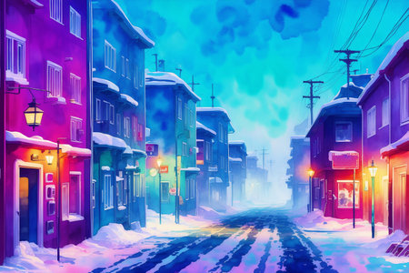 Generative AI art with A watercolor town. Nordic Serenity, Watercolor Painting of a Scandinavian Town. Generative AIの素材
