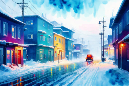 Generative AI art with A watercolor town. Nordic Serenity, Watercolor Painting of a Scandinavian Town. Generative AIの素材