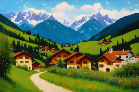 Generative AI art with A watercolor town. Alpine Tranquility. Watercolor Painting of a Swiss Alpine Village. Generative AIの素材