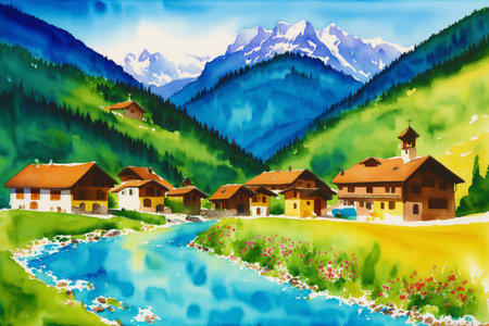 Generative AI art with A watercolor town. Alpine Tranquility. Watercolor Painting of a Swiss Alpine Village. Generative AIの素材