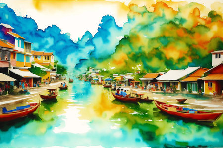 Generative AI art with A watercolor town. Colors of Thailand. Watercolor Painting of a Thai Town. Generative AIの素材