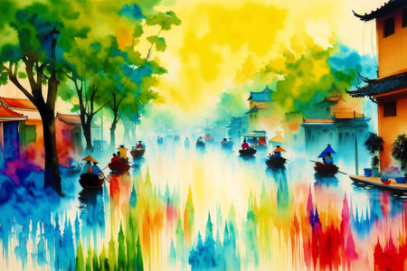 Generative AI art with A watercolor town. Colors of Thailand. Watercolor Painting of a Thai Town. Generative AIの素材