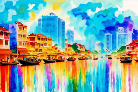Generative AI art with A watercolor town. Colors of Thailand. Watercolor Painting of a Thai Town. Generative AIの素材