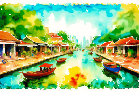 Generative AI art with A watercolor town. Colors of Thailand. Watercolor Painting of a Thai Town. Generative AIの素材