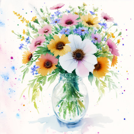 Generative AI art with Beautiful watercolor bouquet. Whimsical Blooms. A Watercolor Bouquet of Wildflowers. Generative AIの素材