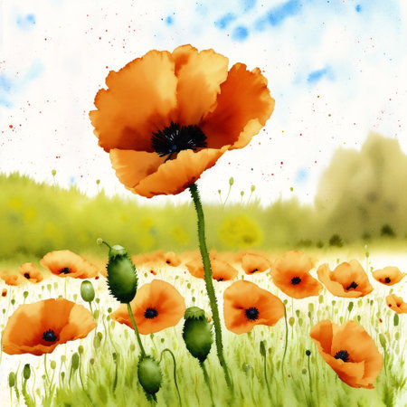 Generative AI art with Summer concept. Beautiful watercolor Poppies. A radiant poppies. nature beauty. Generative AIの素材