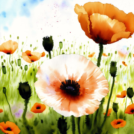 Generative AI art with Summer concept. Beautiful watercolor Poppies. A radiant poppies. nature beauty. Generative AIの素材