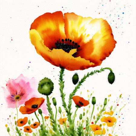 Generative AI art with Summer concept. Beautiful watercolor Poppies. A radiant poppies. nature beauty. Generative AIの素材