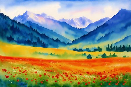 Generative AI art with A beautiful scenery. Serene Summer Mountains. A Breathtaking Watercolor Scenery. Generative AIの素材
