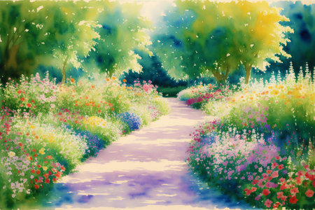 Generative AI art with A Tranquil Summer Scenery. A Watercolor Painting of Park, Lake, field and River. Generative AIの素材