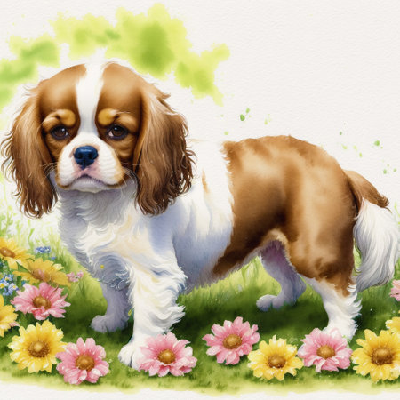 Generative AI art A beautiful Cavalier King Charles Spaniel dog. watercolor painting. Graceful Elegance. Generative AIの素材