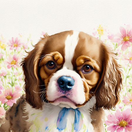 Generative AI art A beautiful Cavalier King Charles Spaniel dog. watercolor painting. Graceful Elegance. Generative AIの素材