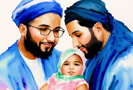 Generative AI art with Celebrating the Muslim Family Legacy. muslim boy, muslim girl. muslim mother and daughter. Generative AIの素材