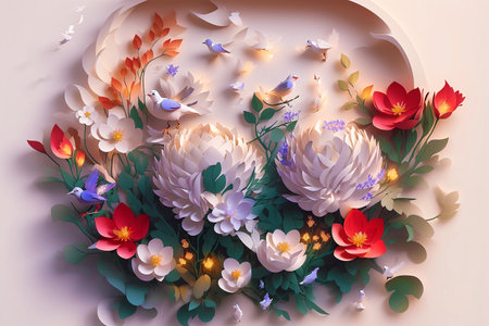 Generative AI art with Summer concept. Beautiful Papercut Bouquet of Wild Flowers. papercut illustration. Generative AIの素材