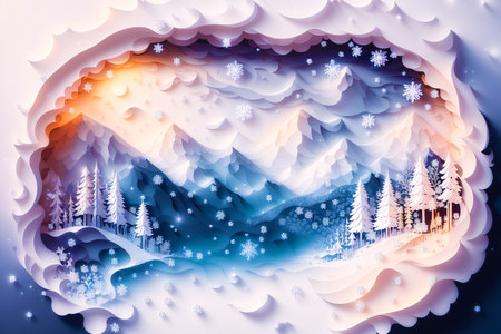 Generative AI art with A Captivating Papercut Mountains and River Landscape. A beautiful Papercut landscape. papercut illustration. Generative AIの素材