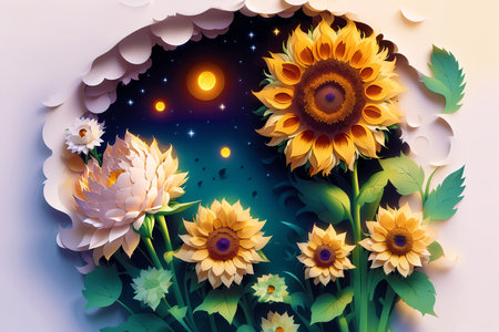 Generative AI art with A Summer concept. A Captivating Papercut sunflowers. Sunflower Symphony. papercut illustration. Generative AIの素材