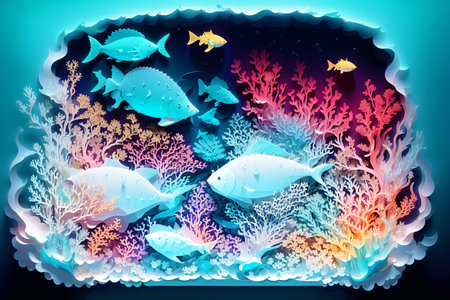 Generative AI art with Paper Undersea Wonderland. Intricate Paper Marine Life. papercut illustration. Generative AIの素材