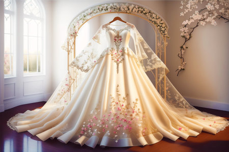 Generative AI art with A beautiful wedding dress. Discover the Perfect Wedding Dress for Your Unforgettable Day. Generative AIの素材