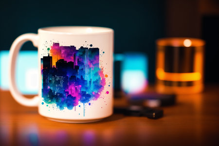 Generative AI art with A mug with a city design on it. Sip Your Way Through Urban Dreams. Generative AIの素材