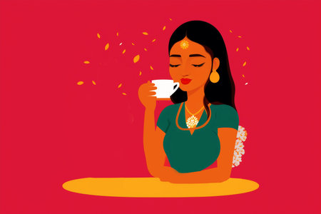 Generative AI art with An indian woman drink coffee. Aromatic Bliss. An Indian Woman's Coffee Journey. Generative AIの素材