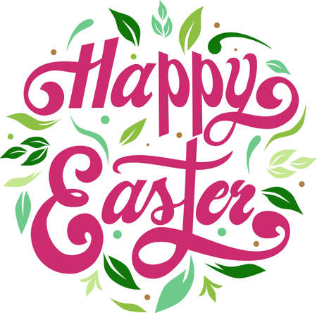 Happy Easter text with leaf icons background illustrationsのイラスト素材