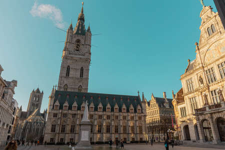 The historic city center in Ghent (Gent), Belgium. Architecture and landmark of Ghent. Cityscape of Ghent. Cathedral.の写真素材