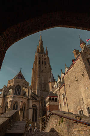 The historic city center in Ghent (Gent), Belgium. Architecture and landmark of Ghent. Cityscape of Ghent. Cathedral.の写真素材
