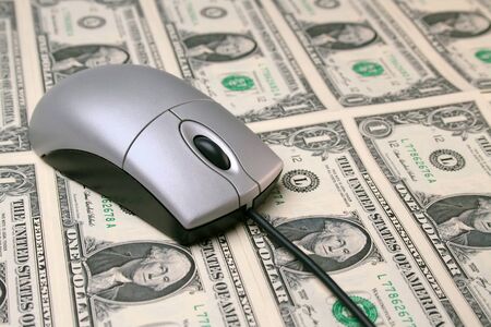 Computer mouse on money concept shot for finances or shoppingの写真素材