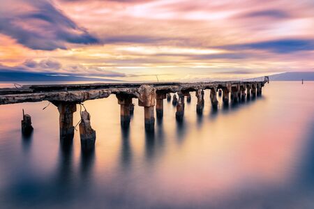 Historic Mala Wharf on West Maui's coast along Front Stree in Lahaina taken with a long exposureの写真素材