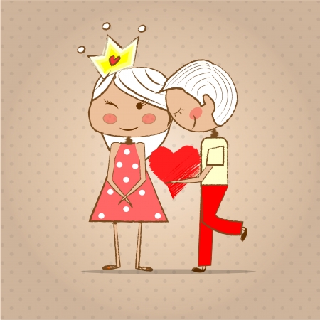 guy making a romantic proposal and holding a heart to a girl with crown vintage background のイラスト素材