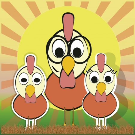 father and children, rooster and chicks family in a dawn in the field のイラスト素材