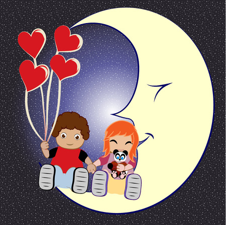 holding hands children holding balloons sitting on the moonのイラスト素材