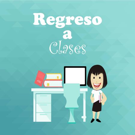 school supplies, desk and schoolgirl over blue  color  backgroundのイラスト素材