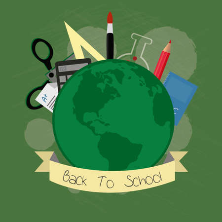 school supplies, world and elements illustration over  green color backgroundのイラスト素材
